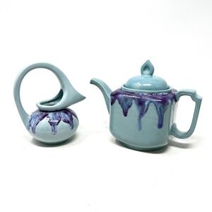 MCM Aqua Teal Blue Purple Drip Teapot Creamer Pitcher Abstract Canadian Pottery